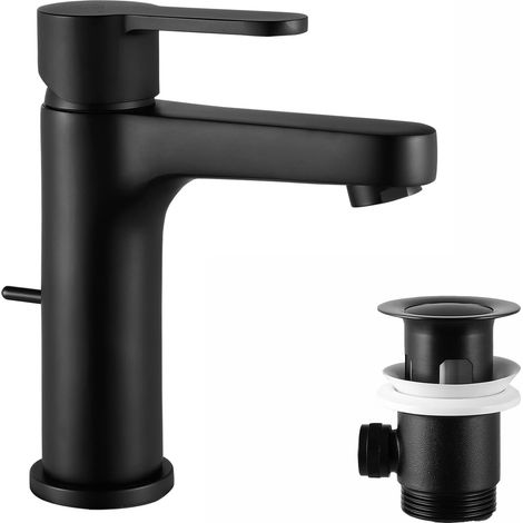Washbasin Tap with Pull, Hand Wash Tap with High Pressure 11.3 cm, Single-Lever Mixer Tap for Hot/Cold Water for Toilet and Bathroom (Matte Black) (1/5)