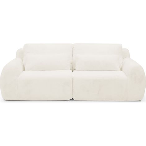 Canapé 2 places, doux tissu peluche style lapin, haute résilience, avec port de charge USB et poche latérale pour magazines, adapté aux petits salons, appartements, bureaux et chambres, beige