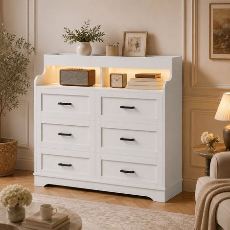 Commode de Chambre 6 Tiroirs - Plcnn - Meuble de Rangement Moderne - Station de Charge et Éclairage LED - 110x40x99 cm - Blanc (1/5)