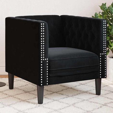 Fauteuil Chesterfield en velours noir rembourré avec accoudoirs – 71 x 74,5 x 70,5 cm - PANGIVO (1/5)