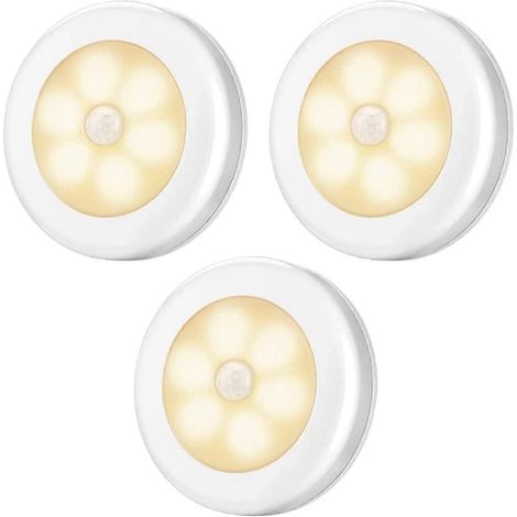 Lot de 3 lampes LED blanc chaud sans fil à détecteur de mouvement, alimentées par piles, pour cuisine, chambre, salle de bain, garage, abri de jardin ou grenier. (1/5)