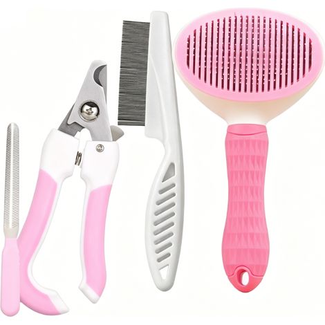 Kit de toilettage pour chat et chien, 4 en 1 : peigne rose auto-nettoyant, coupe-ongles, lime et peigne anti-puces (1/5)