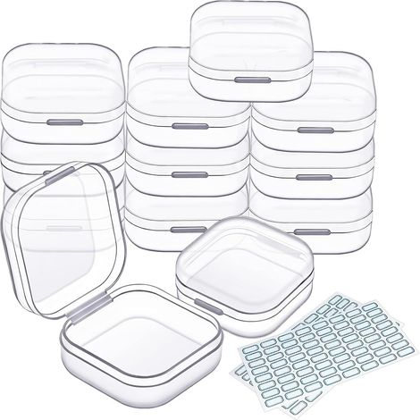 Lot de 12 Boite Rangement, Plastique Transparent, Couvercle Inclus, Pour Perles Bijoux, 3,5x3,5x1,8 cm