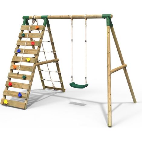 Rebo Wooden Swing Set with Up and Over Climbing Wall - Aria Green
