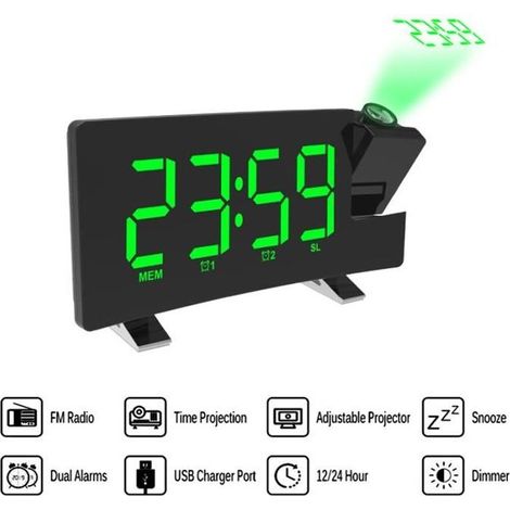 Réveil Horloge numérique reveil matin avec radio avec port de chargeur USB Pour recharger le téléphone Projection temporelle (Vert) (1/4)