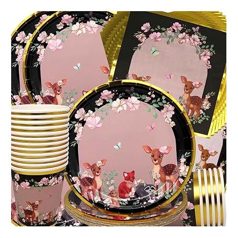 Vaisselle de Fête Jungle Animaux Anniversaire Vaisselle Papier Renne Assiettes en Papier Serviettes Tasses pour Fête à Thème Jungle Safari Baby Shower Décorations d'Anniversaire (1/5)