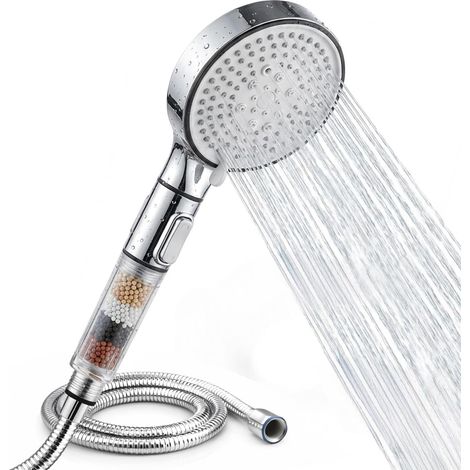 ® Soffione doccia filtrante ad alta pressione con tubo flessibile da 1,5 m – Soffione doccia anticalcare con filtro minerale, 5 modalità di getto, pulsante di arresto dell'acqua, installazione senza a