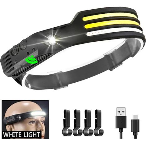 Lampe frontale LED COB rechargeable par USB (3 Blanches avec crochet) avec batterie intégrée de 1200 mAh, idéale pour le camping et la pêche en extérieur. (1/5)