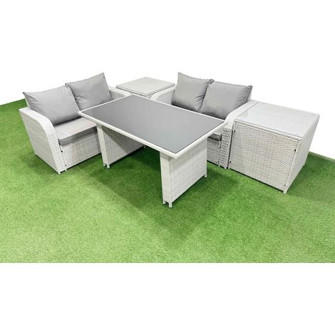Fimous 5 Pieces Outdoor PE Rattan Sofa Set Patio Garden Furniture Sets with Cushions 2 Side Tables Light Grey (1/4)
