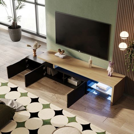Meuble TV 200 cm,meuble TV avec LED et Étagères Verre,Finition Bois, grand espace de rangemen,style moderne,Noir (1/5)