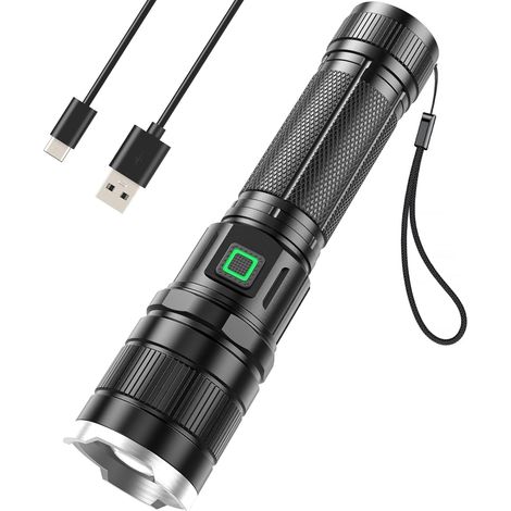 Lampe Torche Led Ultra Puissante Rechargeable, 10000 Lumens Lampe De Poche, 2000mAh Lampe Torche Tactique avec 3 Modes Zoomable, IP65 Étanche Mini Lampe De Poche Rechargeable USB Pour Camping Urgences (1/5)