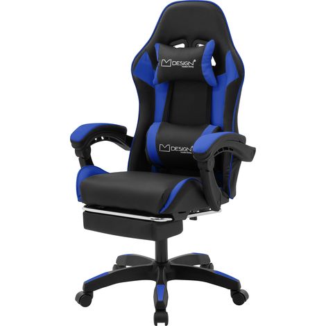 ML-Design Gaming Stuhl mit Fußstütze, Blau, aus Kunstleder, Ergonomischer Bürostuhl mit Armlehne, Kopfstütze, Lendenkissen, Drehstuhl verstellbar, Racing Gamer Stuhl Schreibtischstuhl Drehsessel