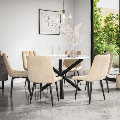 Malvern Round Dining Table And Chairs - Marble Table Top w Solid Black Oak Legs + Nova Velvet Dining Chair Set Of 6 (Beige) (1/5)