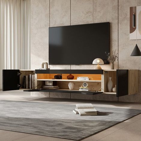 Meuble TV - - 180x37x36cm - LED - Noir et Bois - Suspendu (1/5)