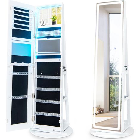 Mobile portagioie con specchio a LED regolabile, Armadio organizer portagioie con mensola pieghevole per trucco Bianco (1/4)