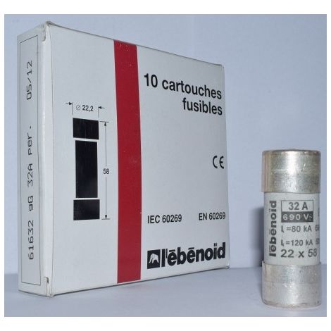 Fusible 32A cartouche 22X58mm gG usage industriel (boite de 10) HPC 120kA 660V avec voyant et percuteur EBENOID 061632 (1/2)