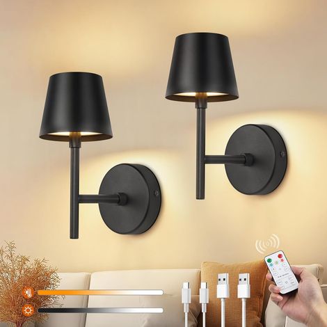 Lot de 2 Applique Murale Sans Fil Intérieur, Lampe Murale Sans Fil avec Telecommande, 3 Températures de Couleur & Dimmable, Minuterie, Applique Rechargeable USB pour Chambre, Salon, Tige Courte (1/5)