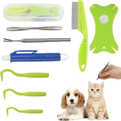 Outil anti-tiques 8 en 1 avec boîte de rangement, pince à tiques, peigne anti-puces, loupe, pour chiens, chats et animaux de compagnie