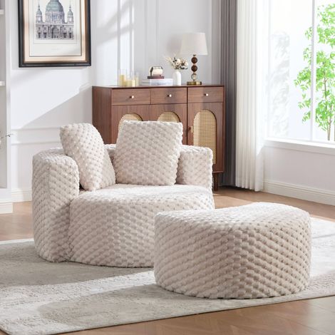 Canapé convertible 1 place sans structure rigide – Fauteuil grand en fausse fourrure moelleuse avec pouf – Aucun assemblage requis – 130 × 115 × 103 cm – Beige (1/5)