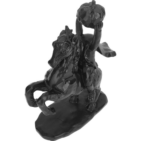 Cavalier sans tête de 22 cm de haut avec citrouille. Décoration d'Halloween terrifiante. Sculpture artisanale en résine, entièrement noire. (1/5)