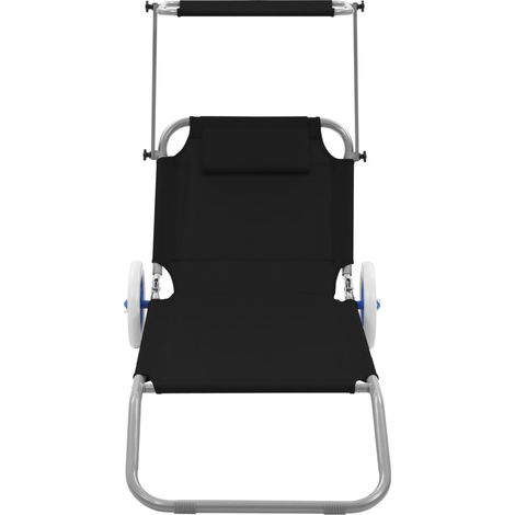 Chaise longue pliable, Fauteuil Relax, pour Jardin Balcon Camping, avec auvent et roues Acier Noir OIB6985E (1/5)