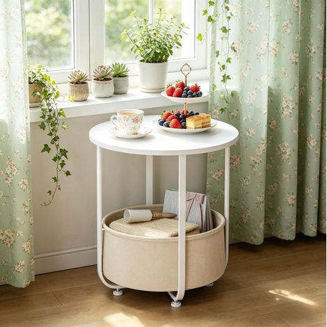 Table d'appoint ronde 45x45x50 cm blanche avec panier, métal et panneaux de bois MEUBLIV (1/4)