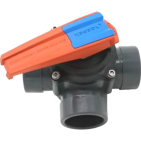 Vanne PVC pression 3 voies à coller diam. 50 – Régulation débit chauffage – Poignée cran de sécurité – Pour chantiers humides – Piscineo