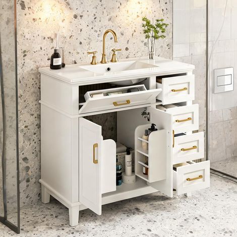 Meuble sous vasque avec vasque céramique blanche et laiton 90 x (1/5)