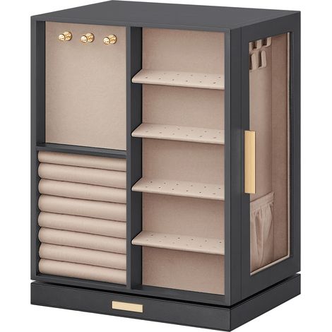 Boîte à Bijoux Rotative à 360°, Coffret de Rangement avec 5 Tiroirs, Fenêtre en Verre, Spacieux, Idée Cadeau, Gris (1/5)