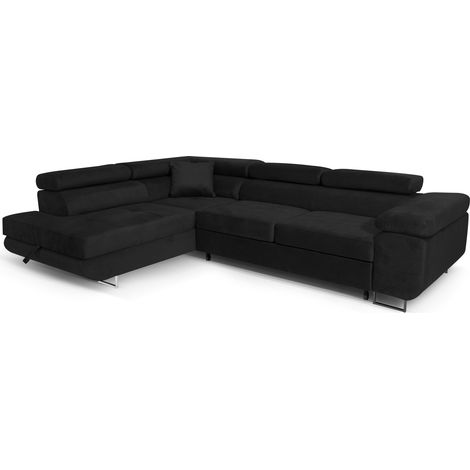 Ecksofa Aller L-form mit Schlaffunktion und Bettkasten in Schwarz (Jasmine 100), Links Ottomane