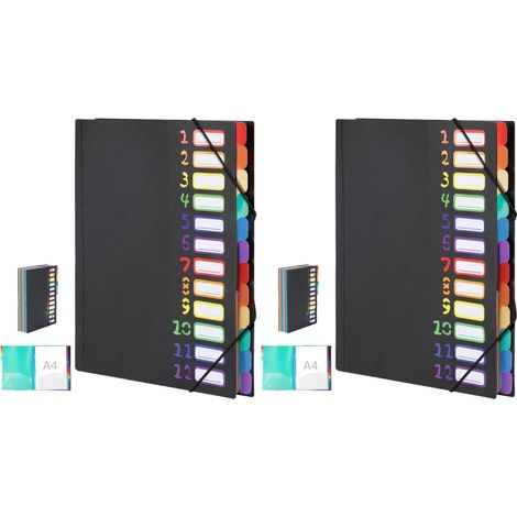 Trieur 12 Compartiments A4, 180° Lay-Flat Open Trieur Document, Classeur Rangement Documents avec bande élastique, Organiseur A4 noir avec étiquettes Rainbow Label, idéal pour bureau et école (1/5)