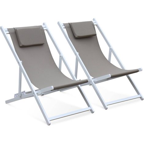 Lot de 2 bains de soleil - Gaia taupe - en aluminium blanc et textilene taupe avec coussin repose tête. chilienne (1/5)
