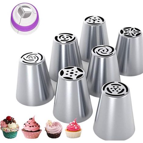 Juego de 8 boquillas de acero inoxidable: boquillas rusas grandes y boquillas de cuchilla, para pasteles y cupcakes. (1/5)