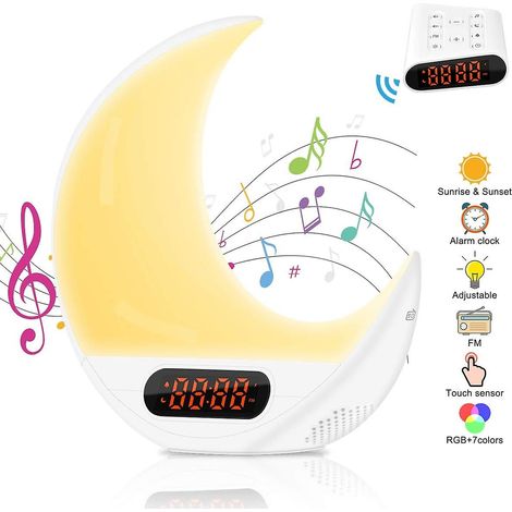 Lampe de réveil lumineuse, lampe de chevet analogique avec radio FM, 7 sons et couleurs de la nature, simulation de lever/coucher du soleil. (1/4)