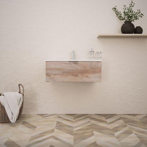 Inda - Badezimmerschrank B.80 mit glänzendem Waschbecken / Natureiche 1 Schublade - Topazio