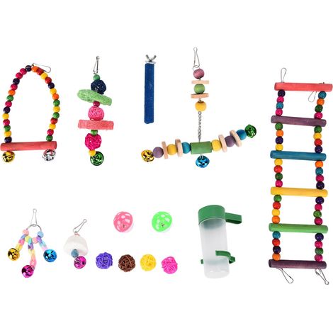 14-teiliges Vogelspielzeugset: Schaukel, Kauspielzeug, Wellensittich-Hängematte, Glöckchen, Papageienkäfig-Sitzstange mit Leiter (Versand pulverisiert, Kartonverpackung) (1/5)