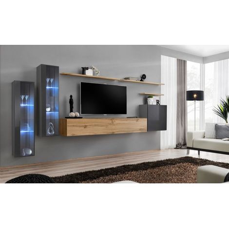 Ensemble mural - Switch XI - 2 vitrines LED - 1 banc TV - 1 vitrine carrée - 3 étagères - Bois et graphite - Modèle 2 - Livraison gratuite