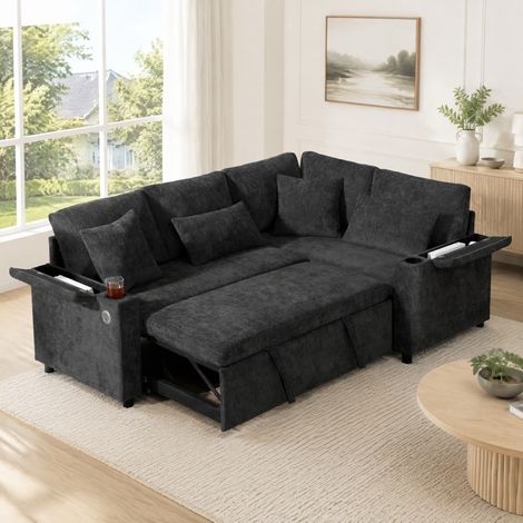 Canapé convertible d'angle droit avec rangement, porte-gobelet, port USB et 4 coussins, tissu gris foncé, 4 places pour salon moderne - CHICFURN (1/5)