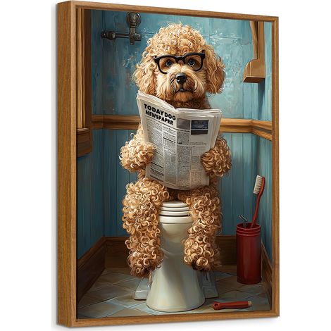 Tableau Encadrée Poster Mural Caniche sur Les Toilettes Lisant le Journal Peinture Impression sur Toile Image Affiche Animal Humoristique Tableau Decoration Murale Salle de Bain Toilettes WC 30x40cm (1/5)