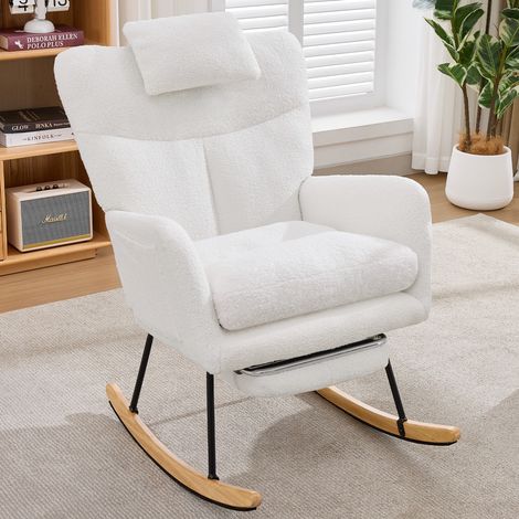 Fauteuil à bascule bouclette blanc avec repose-pieds escamotable, fauteuil allaitement, coussin appuie-tête et poche latérale (1/5)