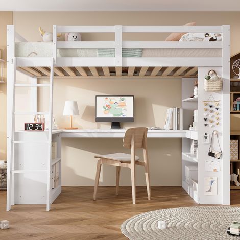 Lit superposé, lit enfant, étagère de rangement pratique, barrière de sécurité, feutrine pour suspendre les objets, échelle robuste à angle droit, pin + panneaux de particules + contreplaqué, blanc