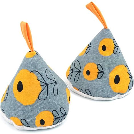 Ein Paar praktische und hübsche dreieckige Topflappen aus Baumwolle, 9 cm hoch, ideal zum Anfassen von Topfdeckeln – gelbes Blumenmuster (1/4)