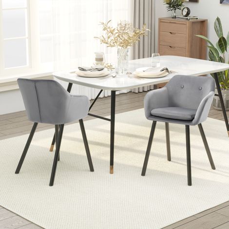 Ensemble de 2 chaises de salle à manger avec accoudoirs, rembourrées et en velours. 54 x 56 x 74 cm. Gris. (1/5)
