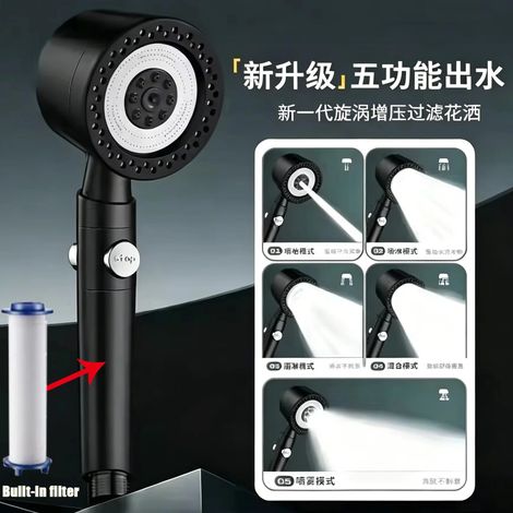(Noir) Pommeau de douche spa massant 5 modes avec filtre, haute pression, économie d'eau, arrêt d'eau en une seule touche, douchette de salle de bain (1/5)