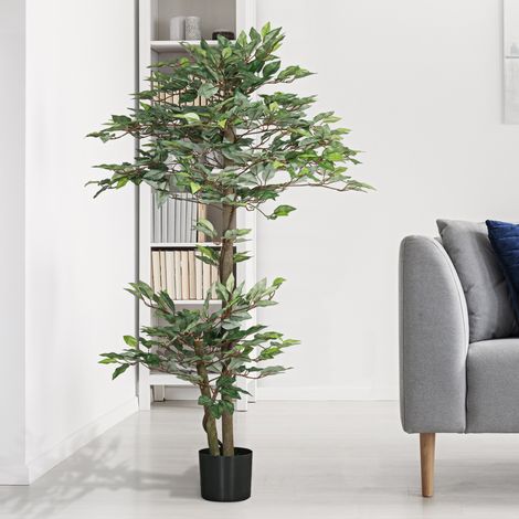 Albero/pianta di ficus artificiale, alto 1,5 m, con tronco, rami, viti, licheni e foglie, estremamente realistico, vaso incluso.