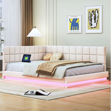 Lit banquette rembourré moderne 140x200 cm en lin beige avec sommier à lattes, LED RGB et prise USB (1/5)