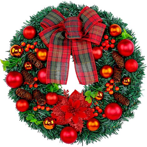 Coronas navideñas para puerta de entrada, corona navideña de flores artificiales con lazo, guirnalda navideña artificial, decoración navideña para ventana, chimenea y pared. (1/3)
