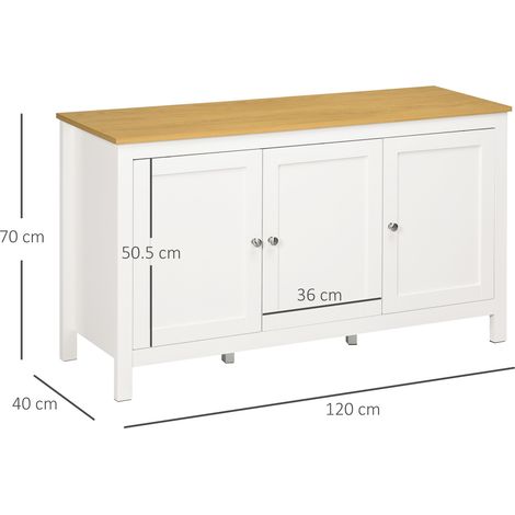 Meuble de rangement composé de deux placards, chacun doté de deux étagères réglables en hauteur. Dimensions : 120 x 40 x 70 cm. Blanc et aspect bois. (1/5)