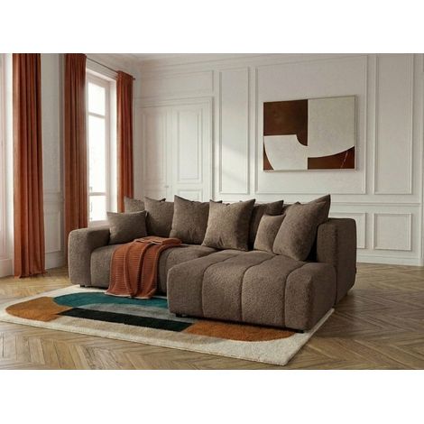 BOBOCHIC - Canapé d'angle L convertible coffre ROXELANE tissu bouclette Angle droit  Marron (1/5)