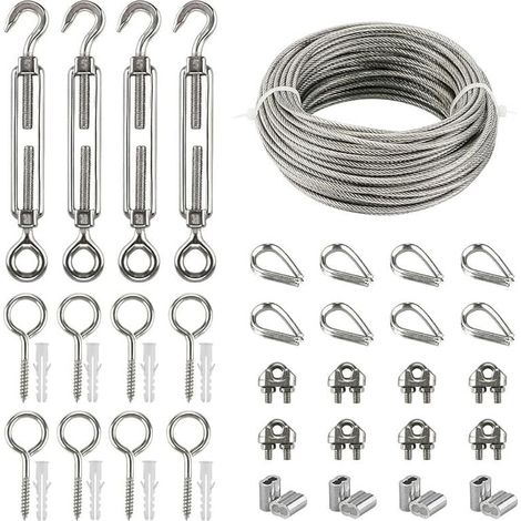 Kits de Câble en Acier Inox, 20m Câble Acier Galvanisé, Kit de Câble Métallique avce Tendeur Oeil-crochet M5, Attaches pour Câbles Métalliques, Manchons de Sertissage, Pitons Fermé, Cosse Coeur (1/4)
